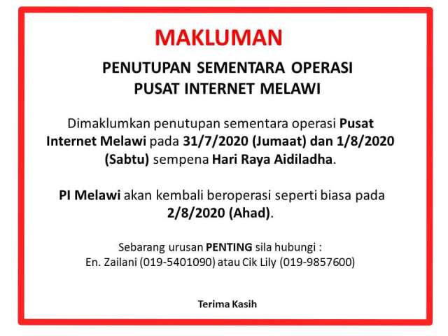 notis penutupan pi aidiladha